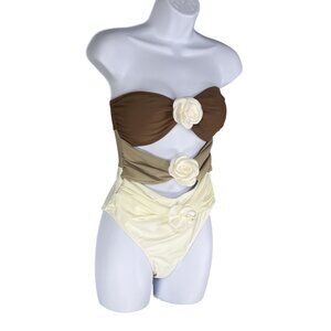 Colorblock One Piece Swimsuit Womens M White Satin 3D Floral Strapless Cutout